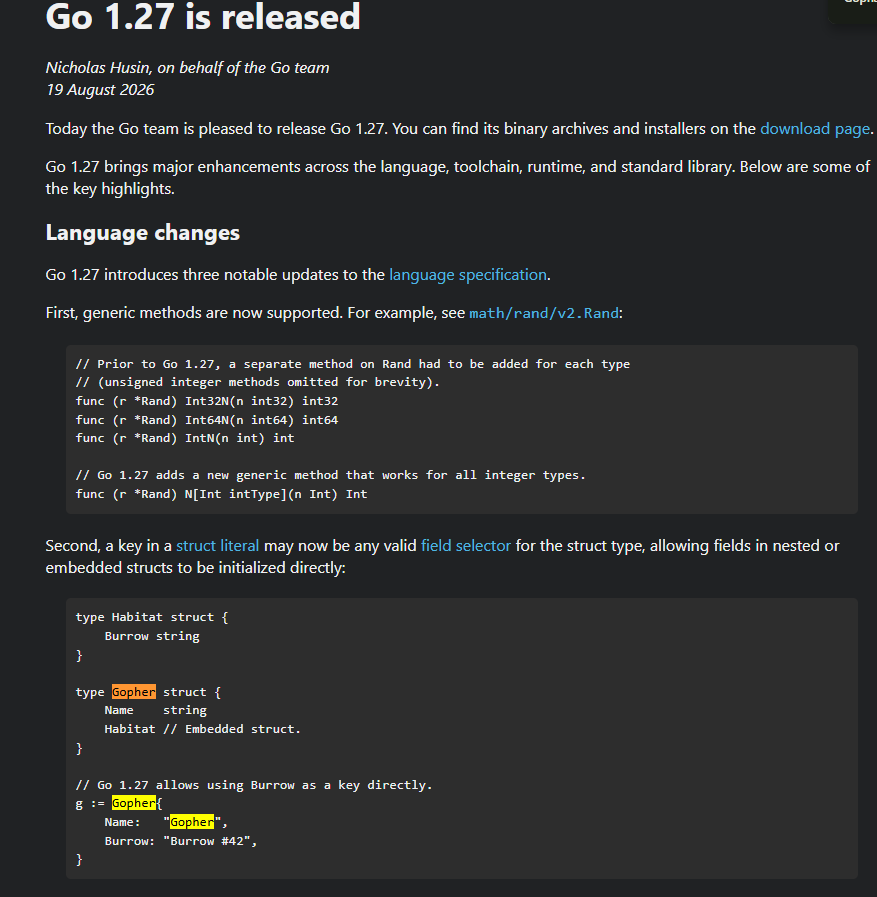 Go 1.27 release notes, 19 August 2026, showing a Gopher struct example