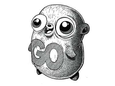 Ink drawing of the gopher hugging the letters GO