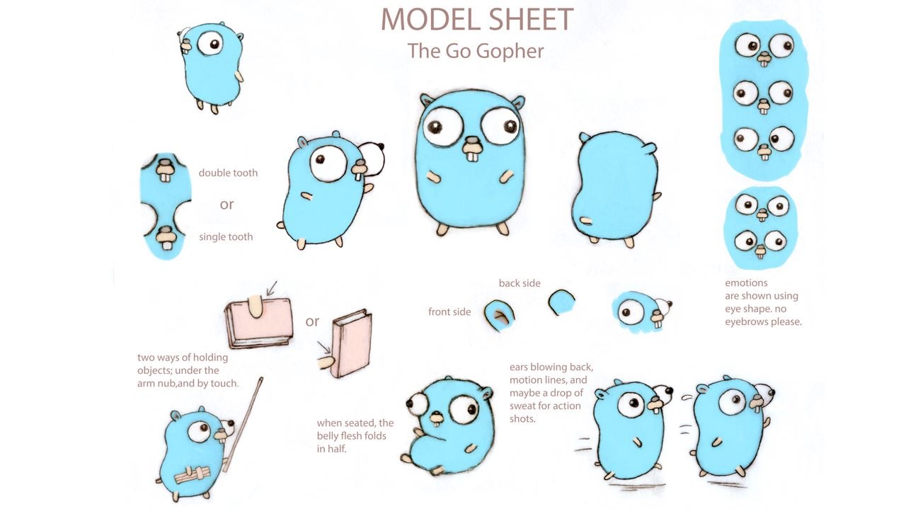 The Go Gopher model sheet: double or single tooth, two ways of holding objects, emotions shown with eye shape, no eyebrows