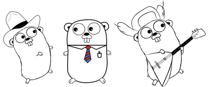 Model sheet showing the gopher in a hat, in a tie, and playing a balalaika